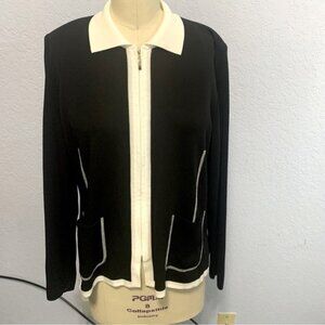 Exclusively Misook Women’s Lightweight Zip Long Sleeves Black White Knit Jacket